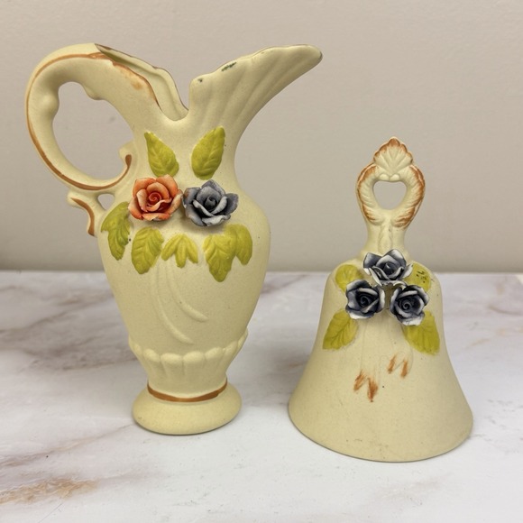 Flambro Other - Flambro Porcelain Floral Pitcher Vase Bell Applied Roses Vintage Cottagecore Dec